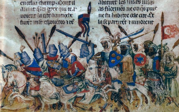 European Crusaders battle Muslim troops, from a French manuscript, c. 1200