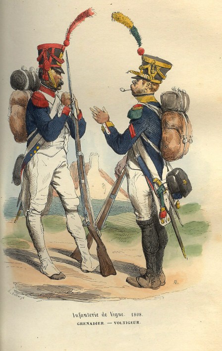 French grenadier and voltigeur of 1808. From P.-M. Laurent de L`Ardeche's «Histoire de Napoleon», 1843