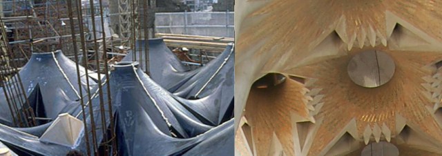 Plastic molds bloom into concrete rooftop sunflowers. 